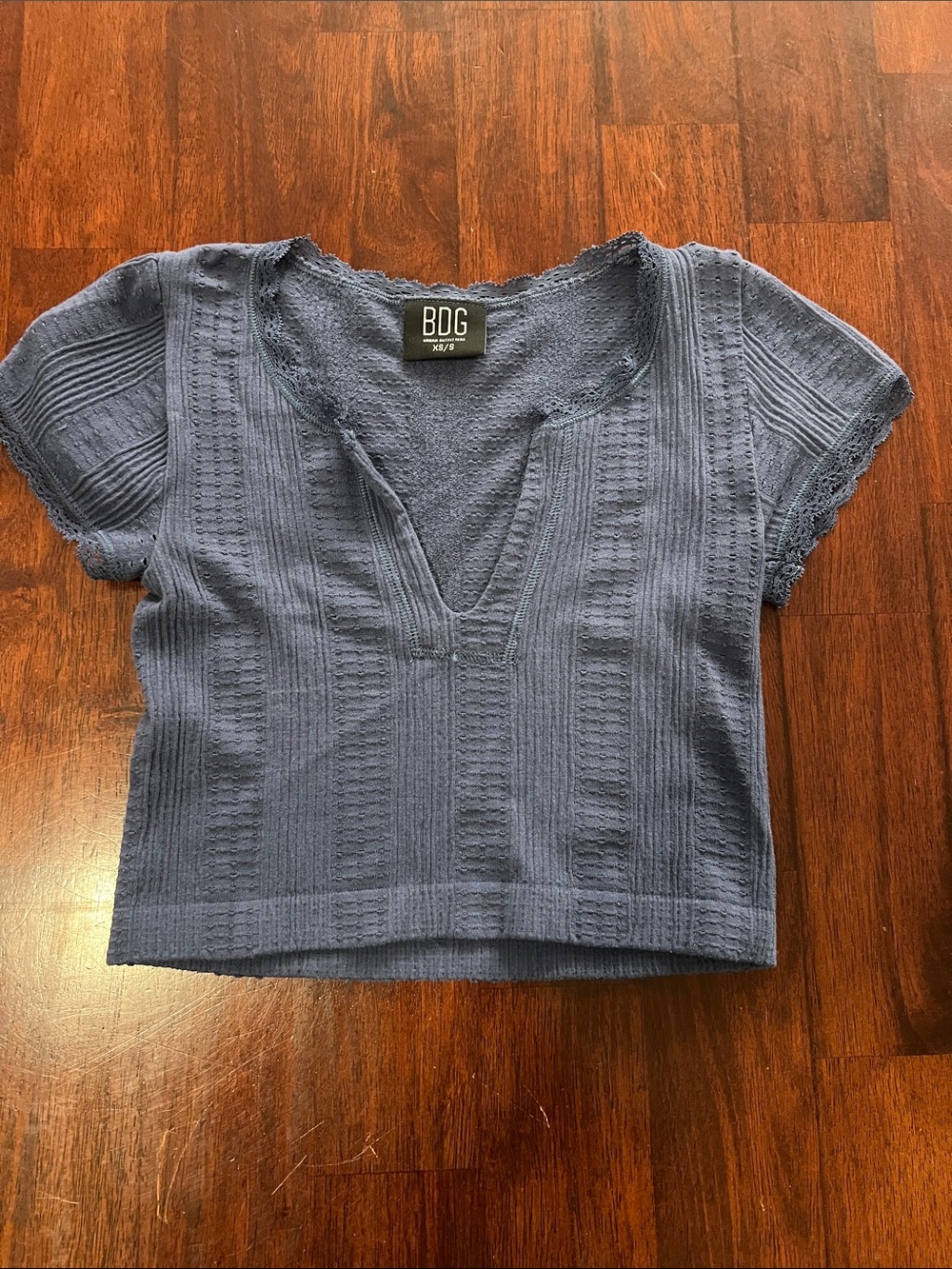 BDG Navy Textured V-Neck Cropped Knit Top